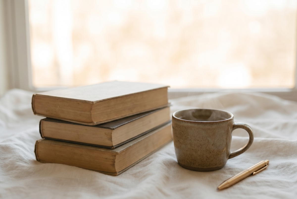 A small stack of books beside a warm mug of tea, evoking the slow, emotion-focused pace of EFT at Anchor & Bloom