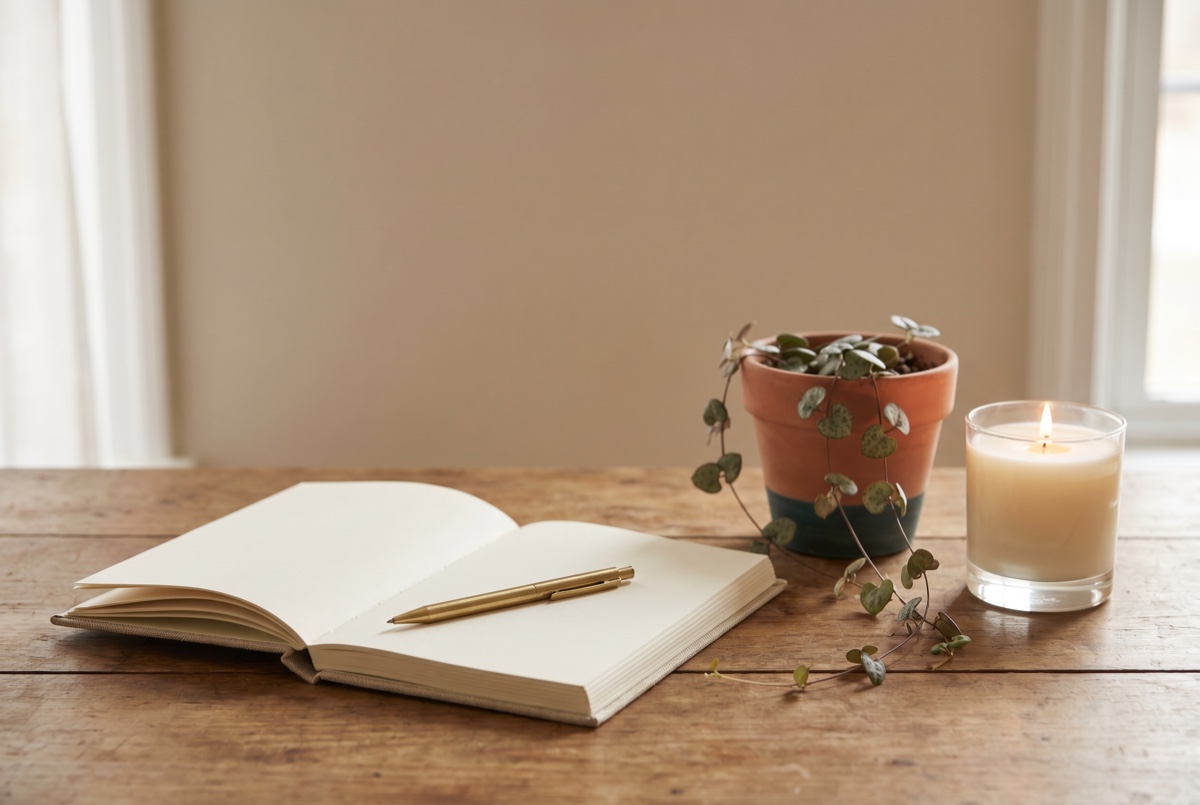 An open journal, plant and candle on a warm table, evoking affirming, safe space in 2SLGBTQIA+ therapy at Anchor & Bloom
