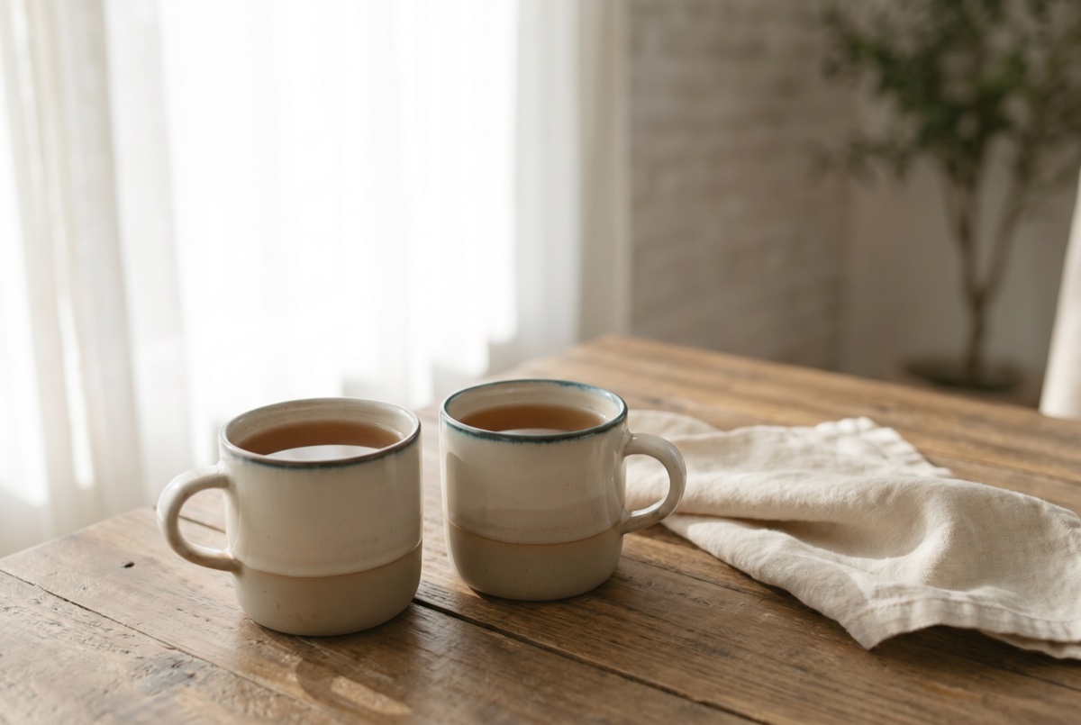 Two mugs of tea side by side on a wooden table, evoking connection and repair in family therapy at Anchor & Bloom