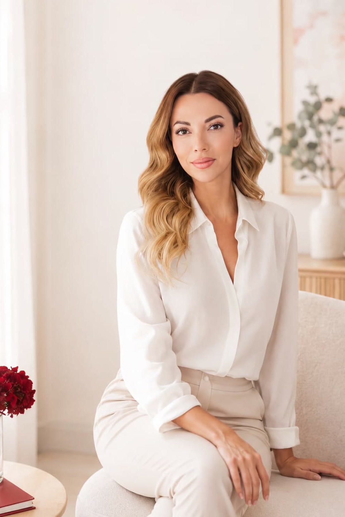 Julia Malynka, Registered Psychotherapist (Qualifying), seated in a warm therapy setting