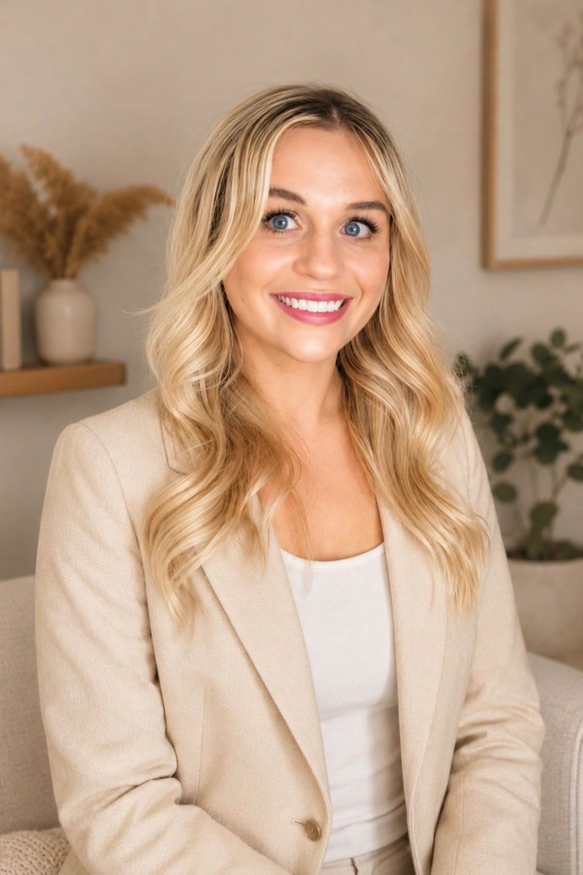 Kristen Lawrynowycz, Registered Psychotherapist (Qualifying), seated in a warm therapy setting