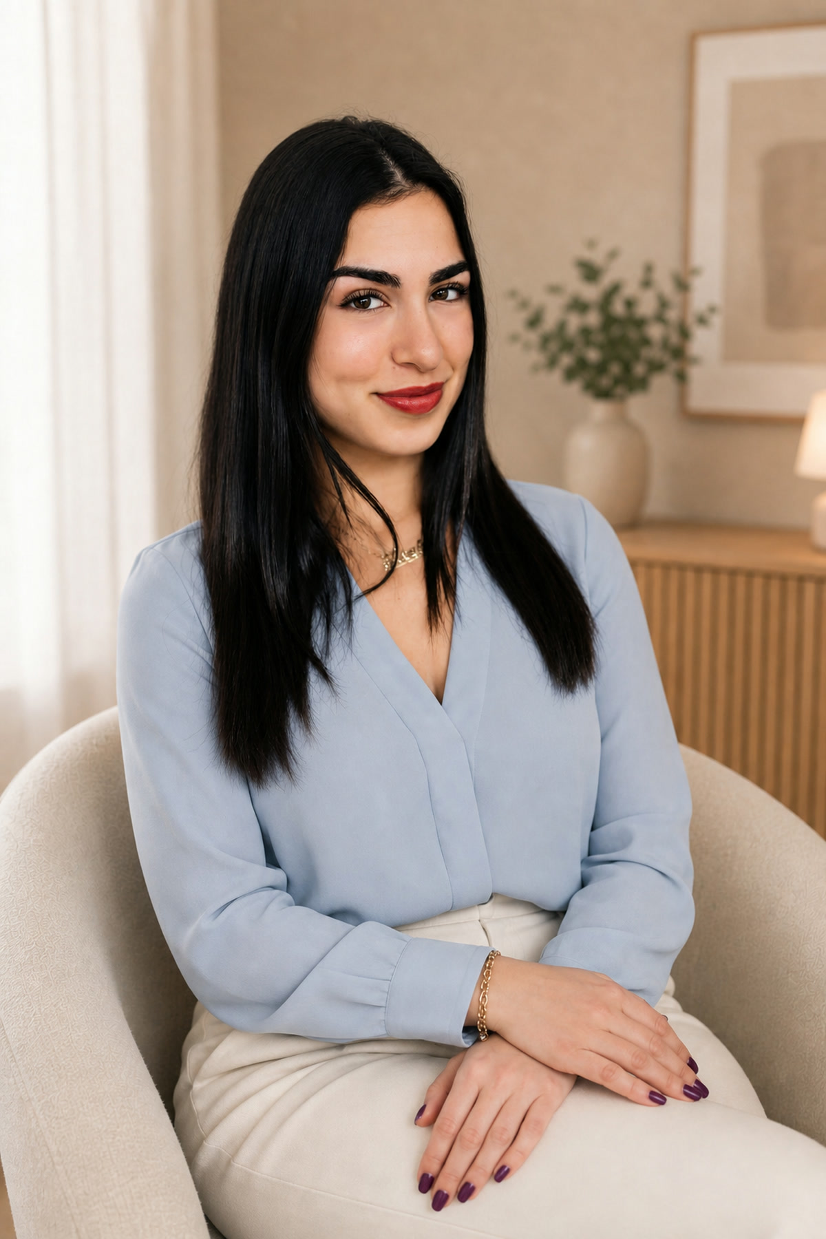 Nicole Lerman, Registered Psychotherapist (Qualifying), seated in a warm therapy setting