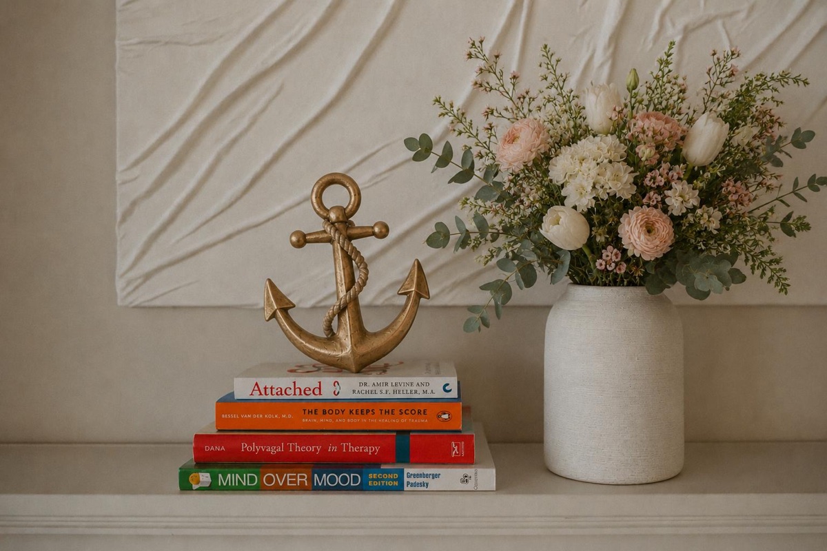 A small stack of psychology books and a brass anchor beside fresh flowers, evoking steady, hopeful depression therapy at Anchor & Bloom