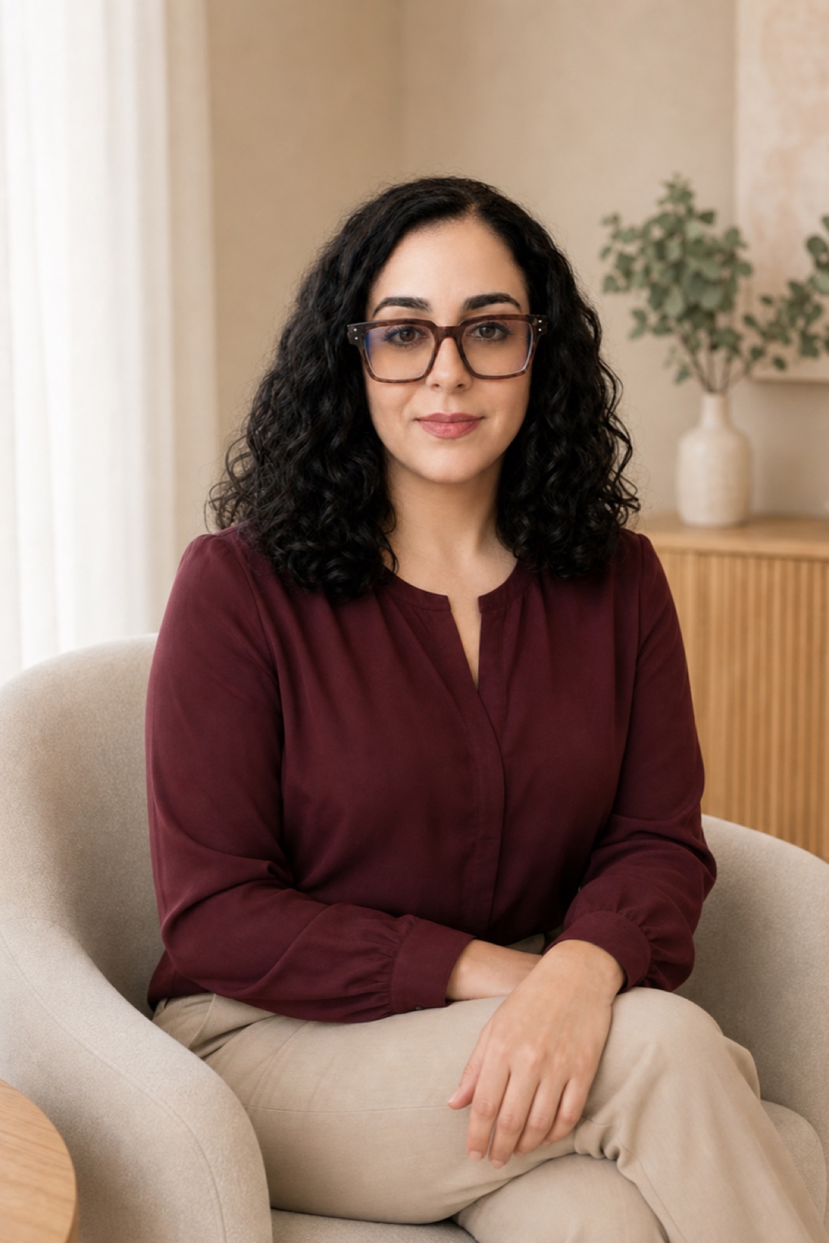 Shima Tavasoli, Registered Psychotherapist (Qualifying), seated in a warm therapy setting