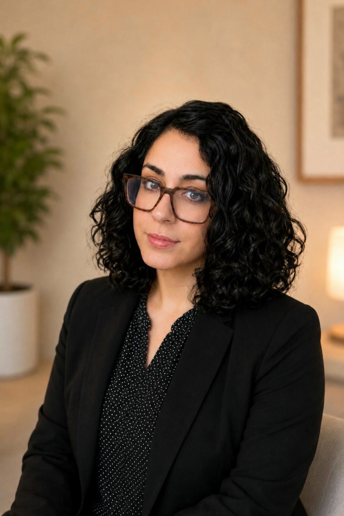 Shima Tavasoli, Registered Psychotherapist (Qualifying), seated in a warm therapy setting